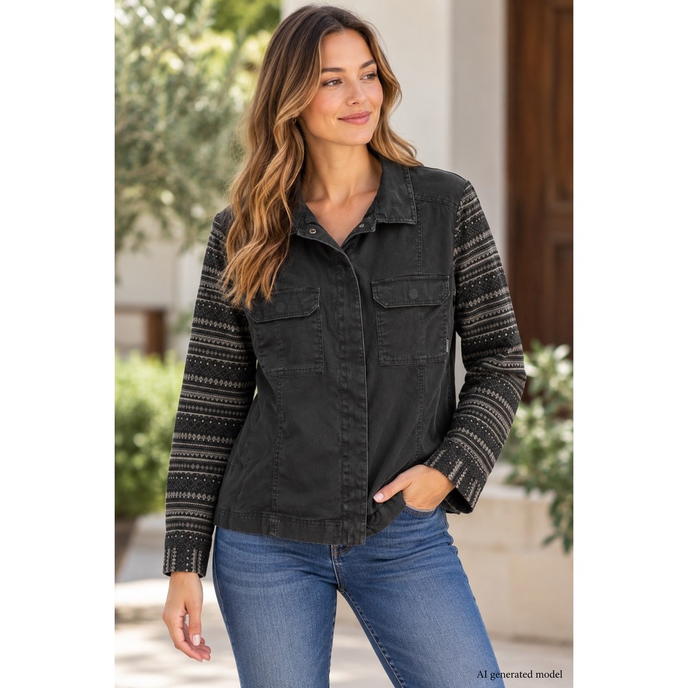 Columbia Womens XL Black Utility Jacket Fair Isle Knit Sleeves AL0499 Jacket